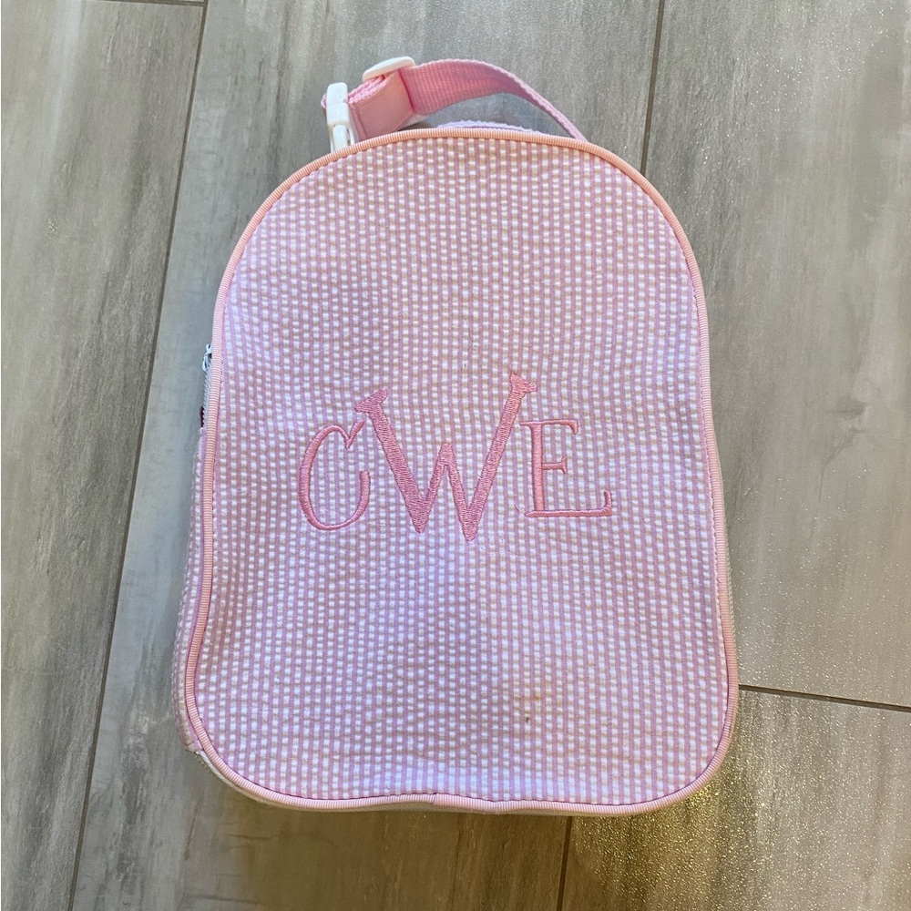 Monogrammed Personalized Pink Seersucker Insulated Kid’s Zippered Lunch Box